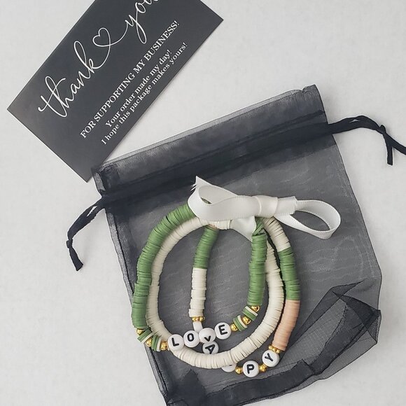 Handmade Polymer Clay Word Bead Bracelet Set – “LOVE” & “HAPPY” Stack - Picture 2 of 4